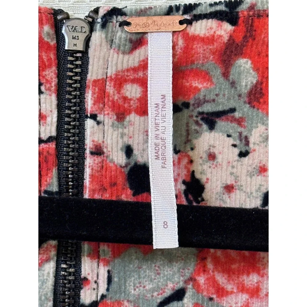 Free People Floral Corduroy Mini Dress Long Sleeve Puff Shoulder Size 8